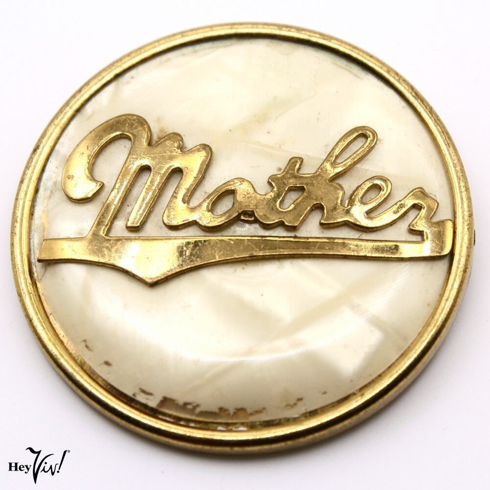 Vintage Mother Brooch Round Pin w Faux Mother of Pearl Background 2” - Hey Viv